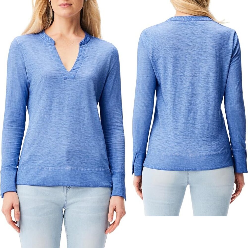 NWT New $98 NIC + ZOE Split Neck Long Sleeve Cotton Gulf Blue Tie Dye Tee Size M